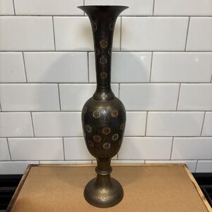 Vintage Etched Brass Vase MCM Hollywood Regency Floral‎ Colored Enamel 16" Tall